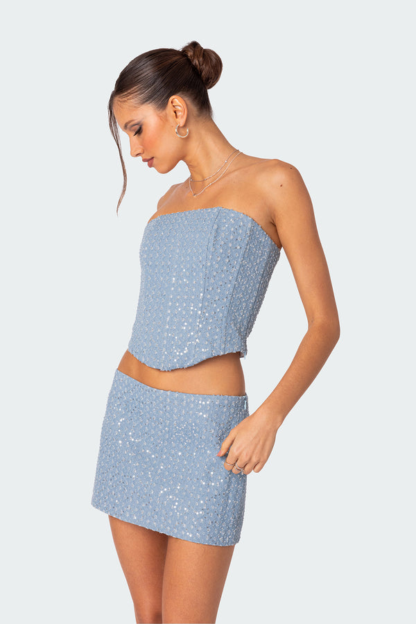 Edikted Icing Sequined Denim Corset Light Blue