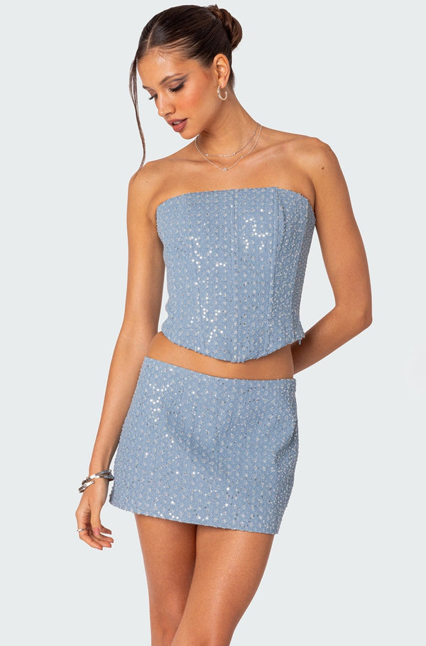 edikted Icing sequined denim corset light blue