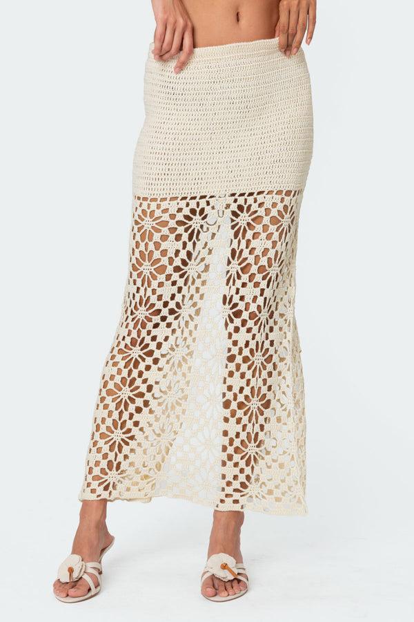 Edikted Ida Back Slit Crochet Maxi Skirt Cream