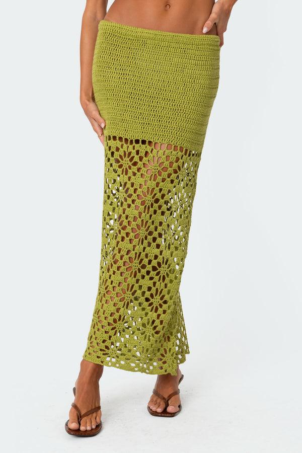 Edikted Ida Back Slit Crochet Maxi Skirt Green