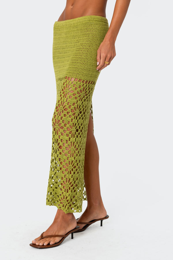 Edikted Ida Back Slit Crochet Maxi Skirt Green