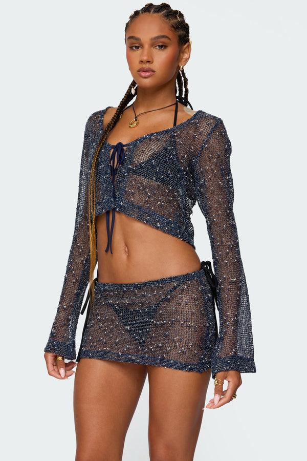 Edikted Idra Crochet Net Tie Front Top Navy