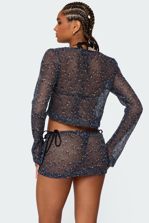 Edikted Idra Crochet Net Tie Front Top Navy