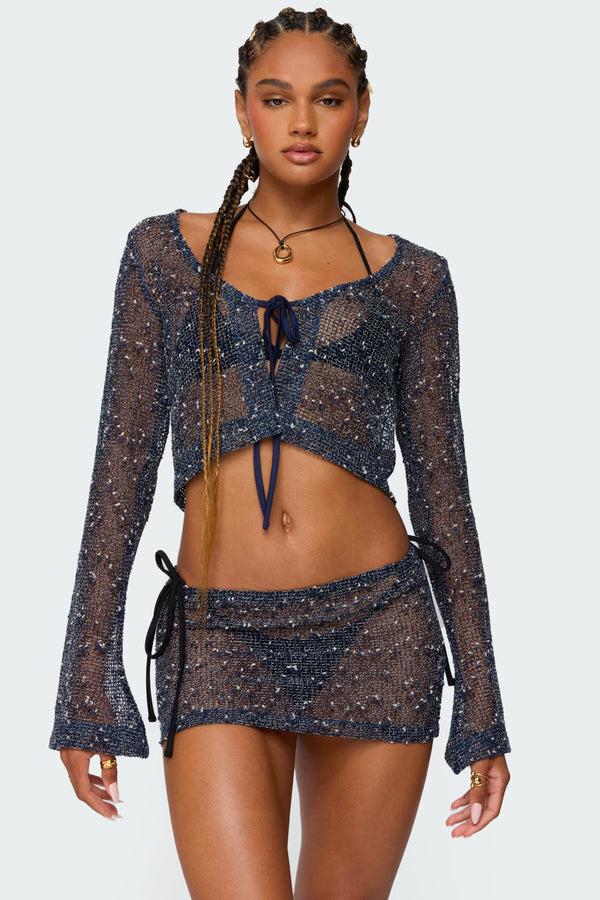 edikted Idra Crochet Net Tie Front Top navy