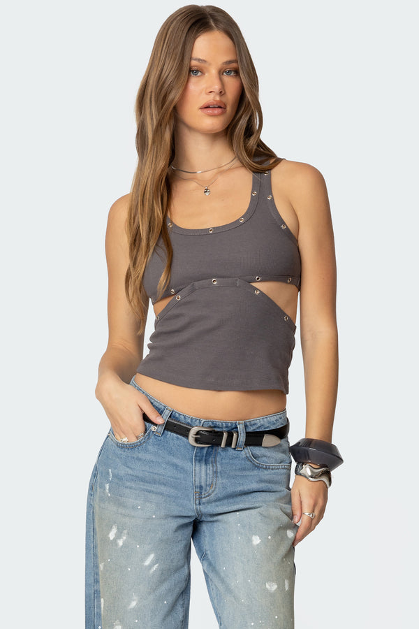 edikted Imogen Cut Out Ribbed Tank Top gray
