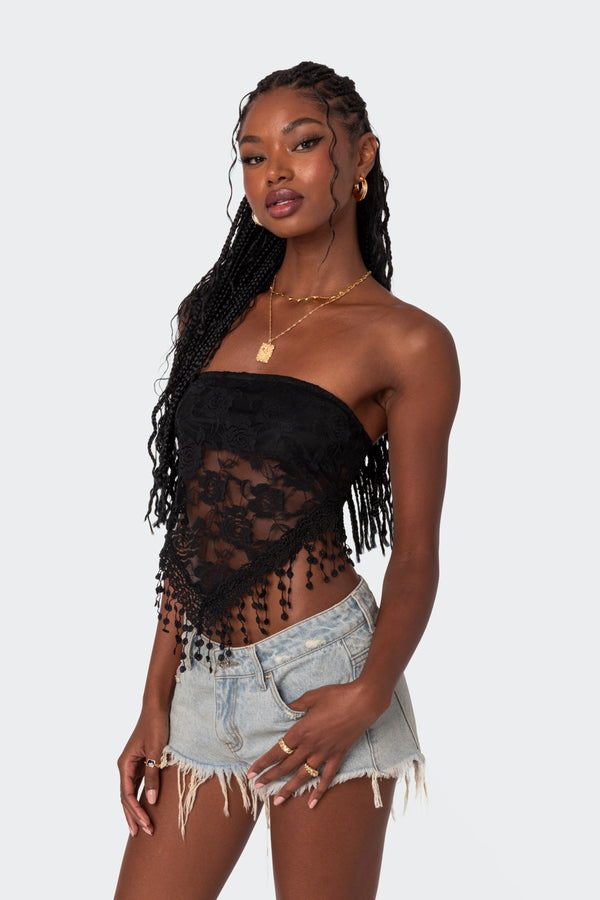 Edikted India Sheer Lace Strapless Top Black