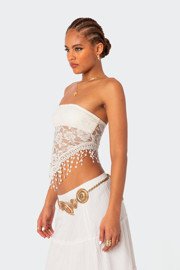 Edikted India Sheer Lace Strapless Top Cream