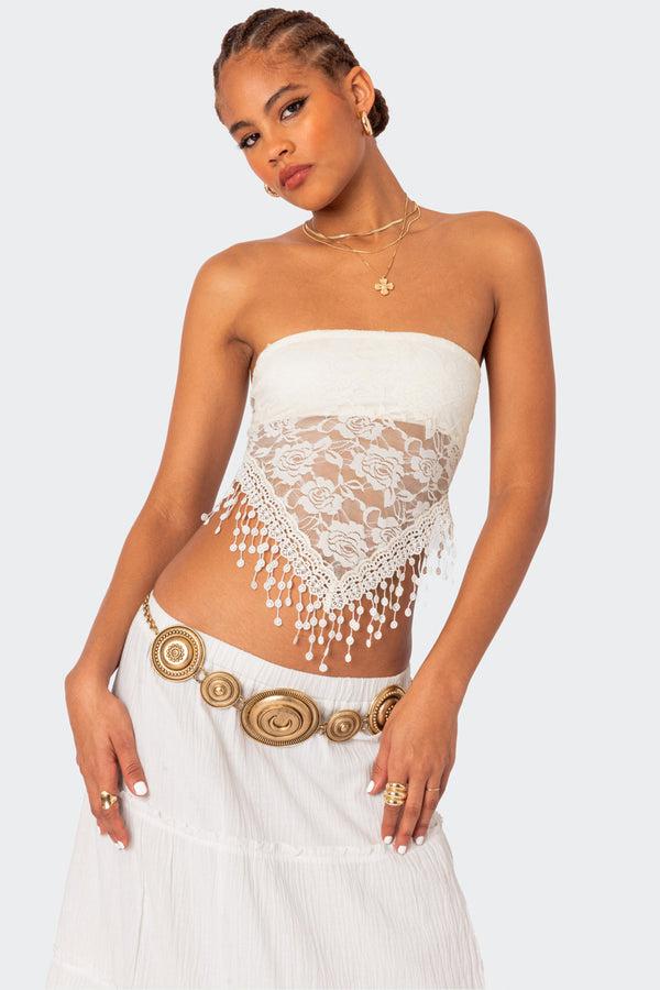 edikted India Sheer Lace Strapless Top cream