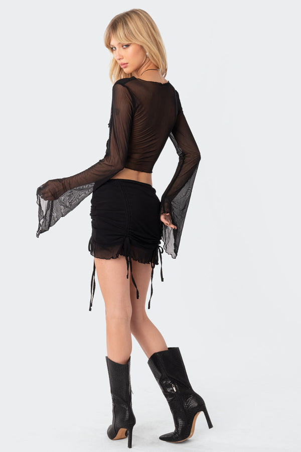 Edikted Indigo Tie Front Mesh Crop Top Black