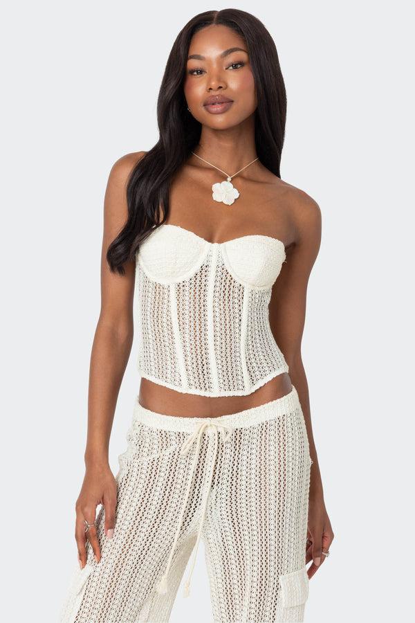 edikted Ines Sheer Crochet Corset cream