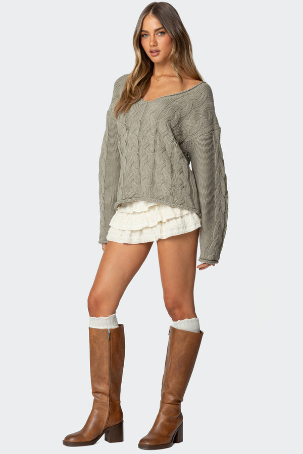 Edikted Inga Oversized Cable Knit Sweater Olive