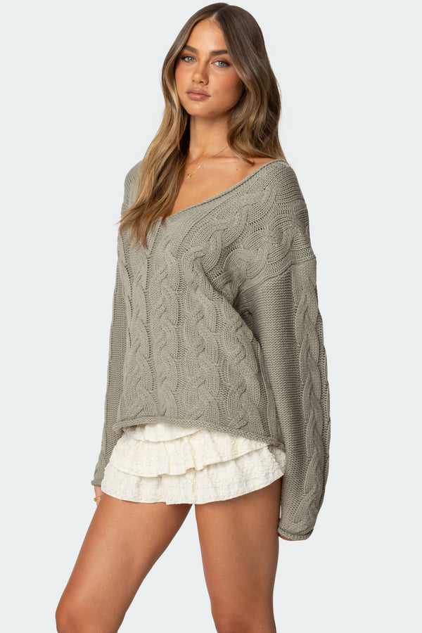 Edikted Inga Oversized Cable Knit Sweater Olive