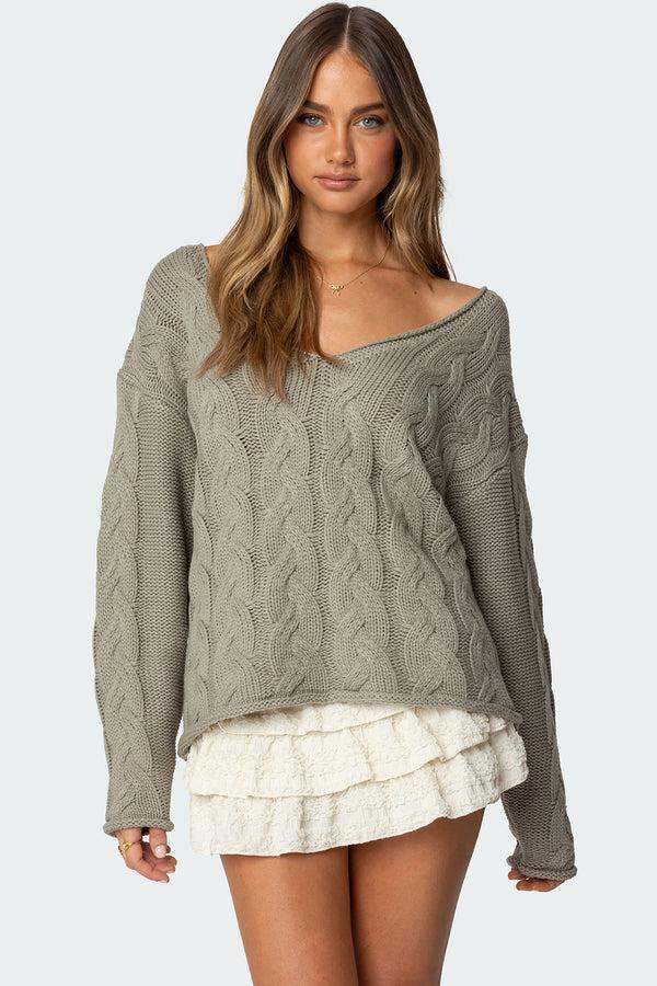 edikted Inga Oversized Cable Knit Sweater olive