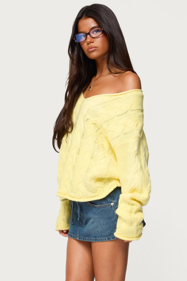Edikted Inga Oversized Cable Knit Sweater Yellow