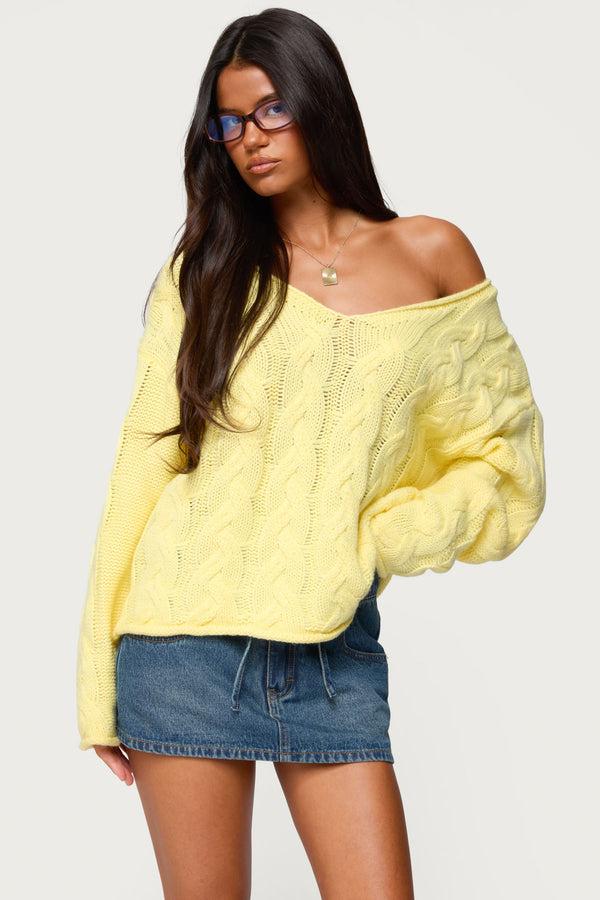 edikted Inga Oversized Cable Knit Sweater yellow