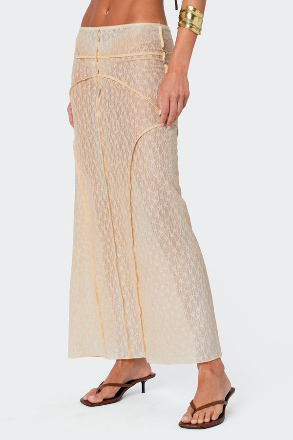 Edikted Inside Out Sheer Lace Maxi Skirt Beige