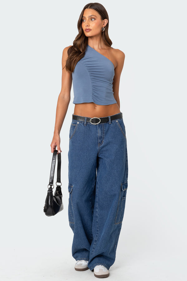 Edikted Ivy Ruched One Shoulder Top Blue