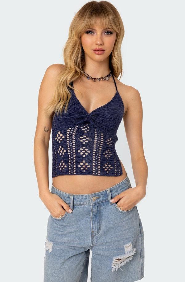 edikted Jada Open Back Crochet Top navy