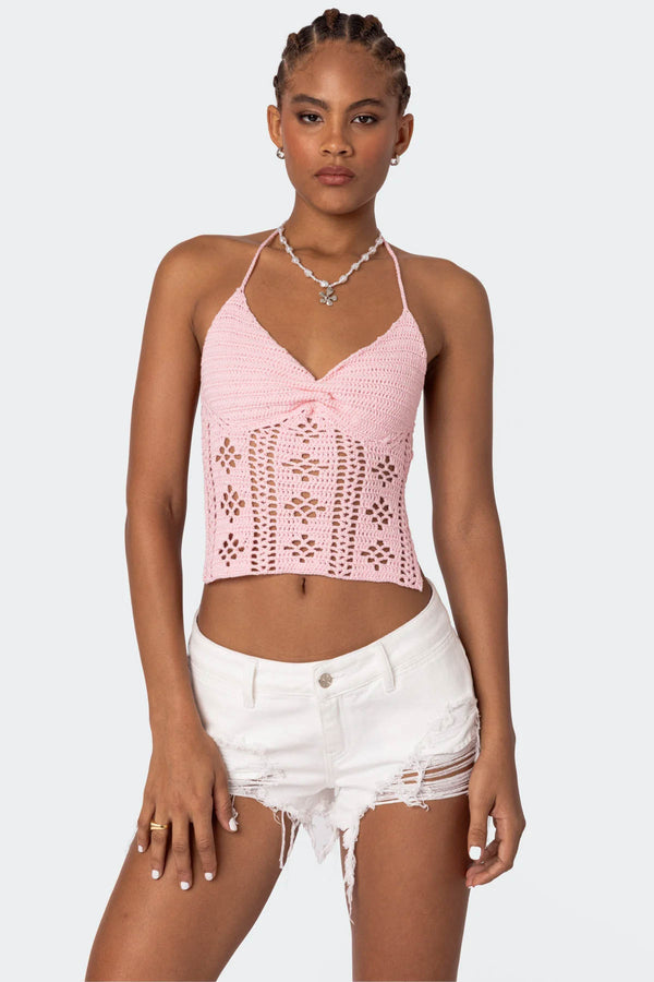 Edikted Jada Open Back Crochet Top Pink