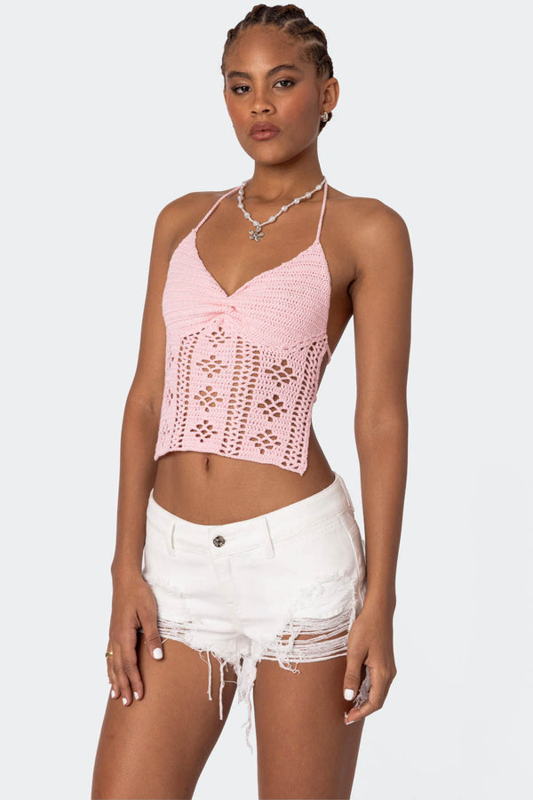 edikted Jada Open Back Crochet Top pink