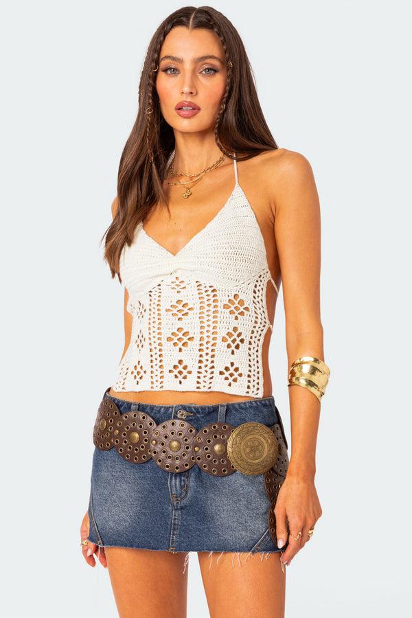 edikted Jada Open Back Crochet Top white