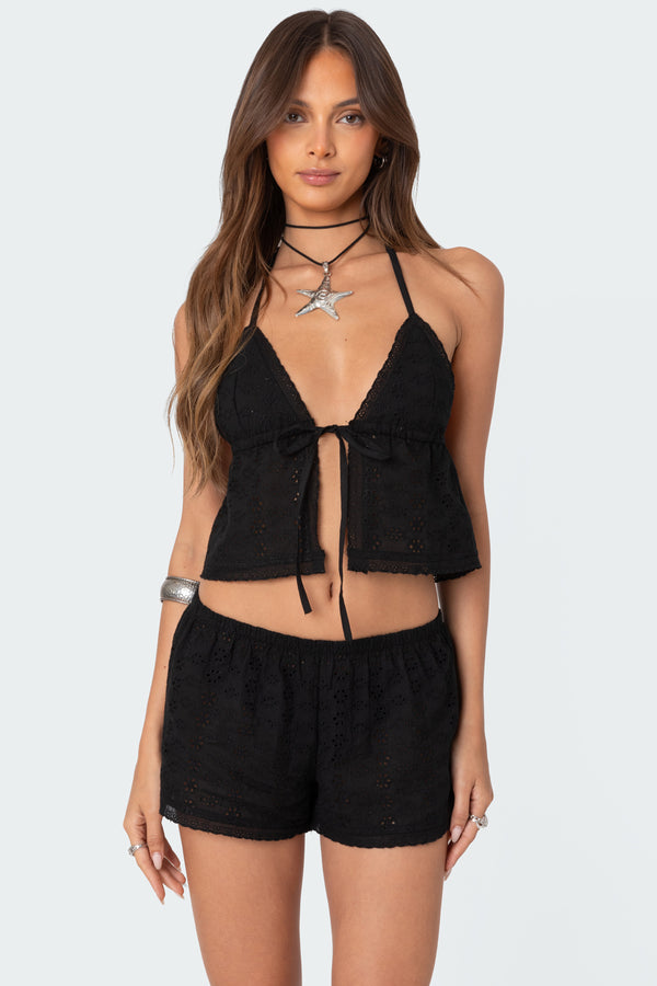 edikted Jael Tie Front Eyelet Halter Top black
