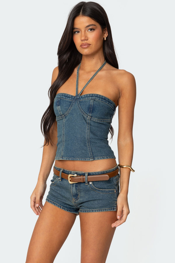 Edikted Jagger Denim Halter Top Blue Washed