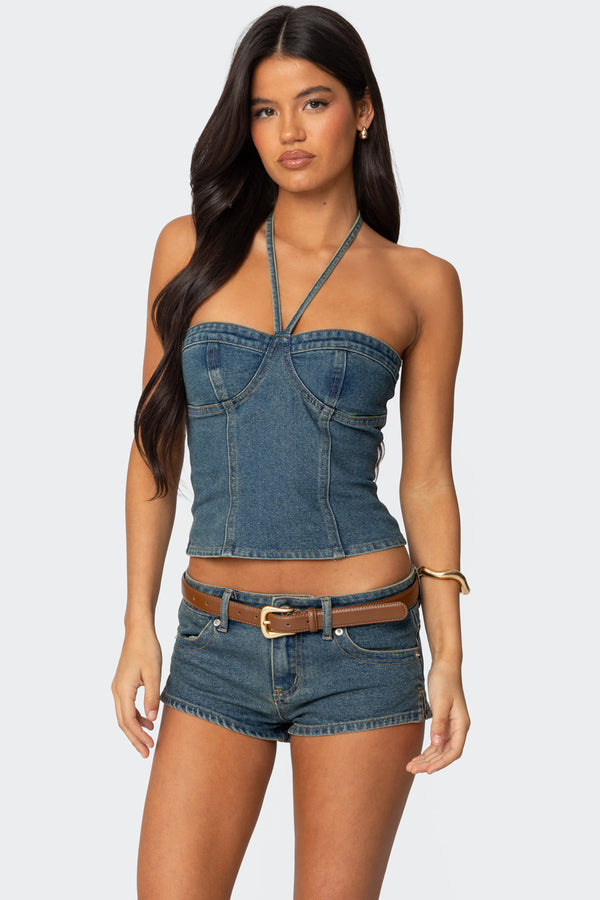 edikted Jagger Denim Halter Top blue washed
