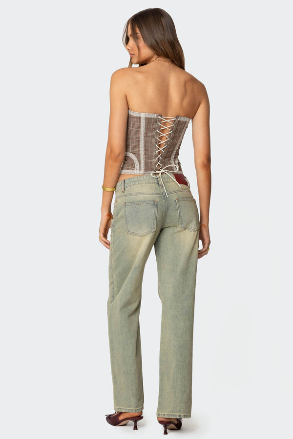 Edikted Jaiden Houndstooth Plaid Corset Brown