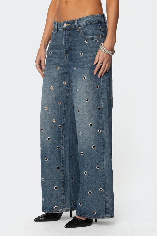 Edikted Jainie Grommet Low Rise Jeans Blue Washed