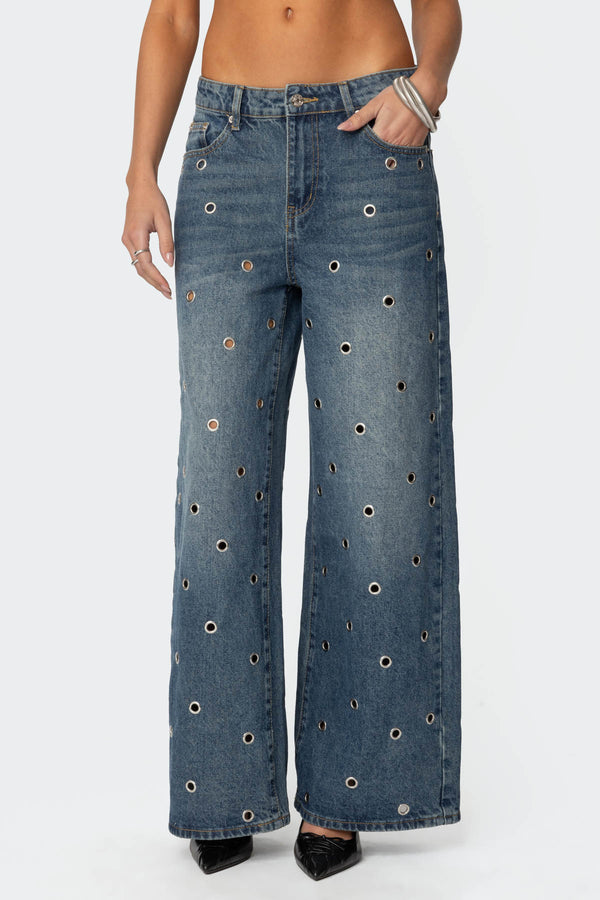 Edikted Jainie Grommet Low Rise Jeans Blue Washed