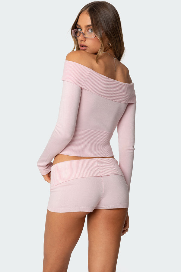 Edikted Jamie Fold Over Knit Top Light Pink