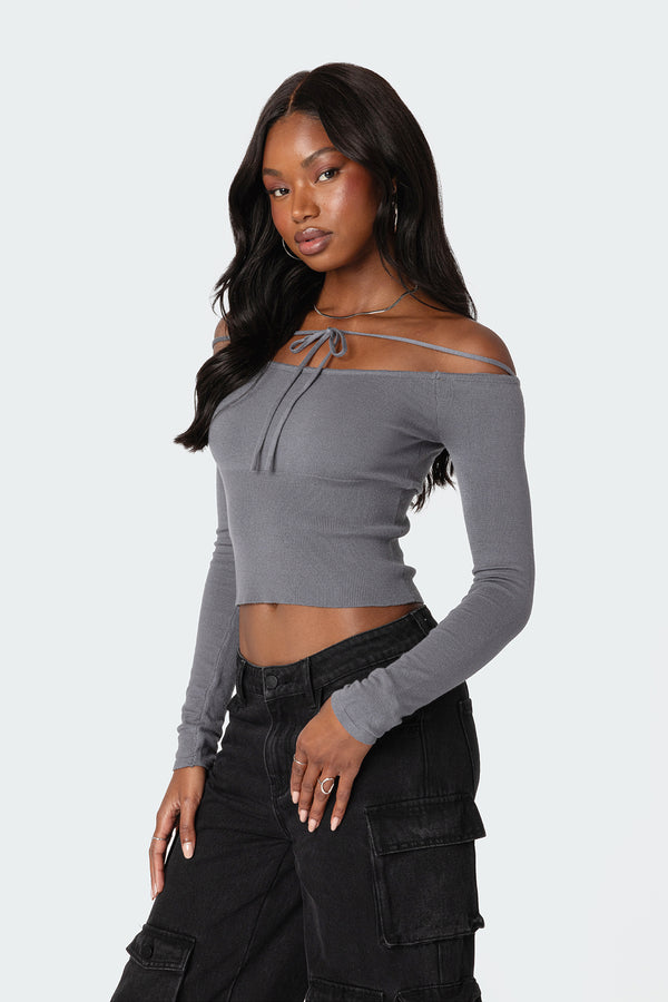 Edikted Jane Tie Front Knit Top Gray