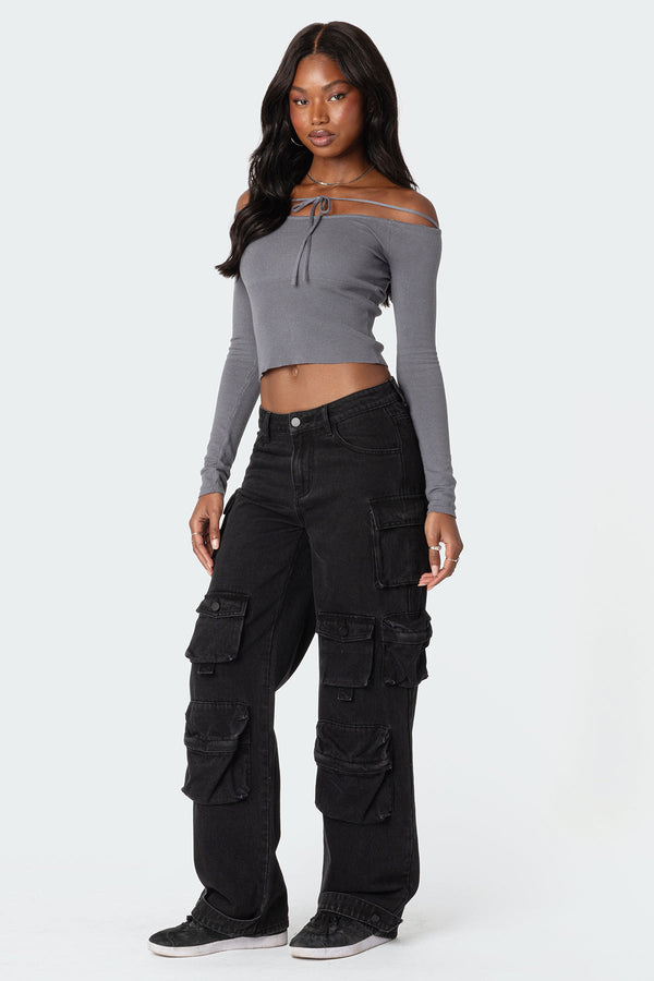 Edikted Jane Tie Front Knit Top Gray