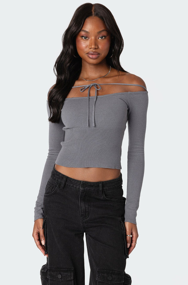 edikted Jane Tie Front Knit Top gray