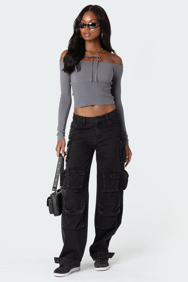 Edikted Jane Tie Front Knit Top Gray