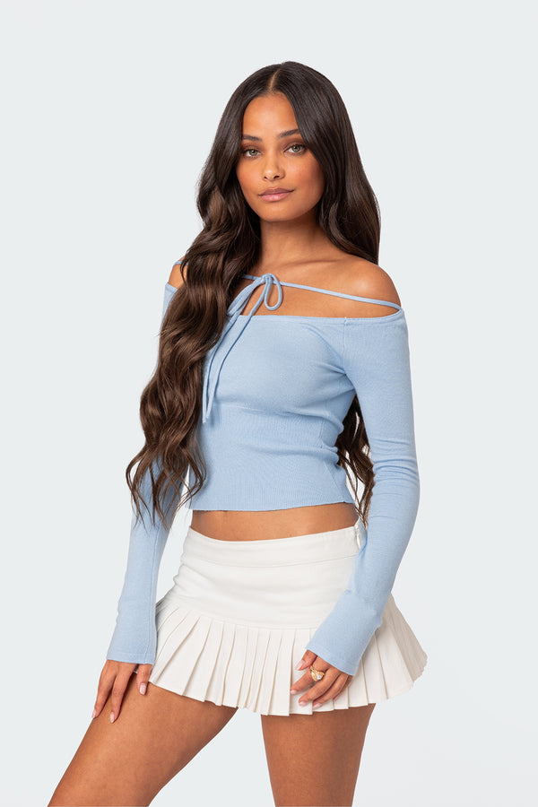 Edikted Jane Tie Front Knit Top Light Blue