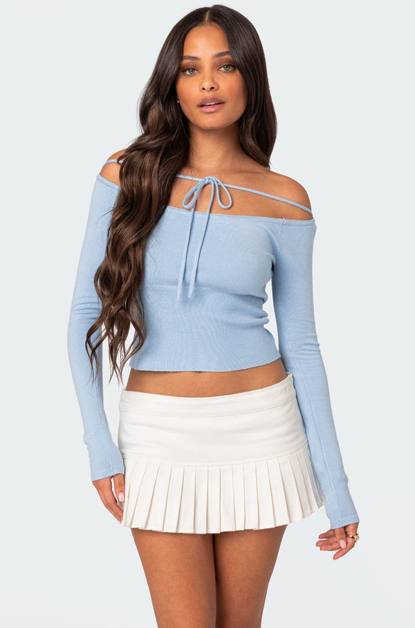 edikted Jane Tie Front Knit Top light blue