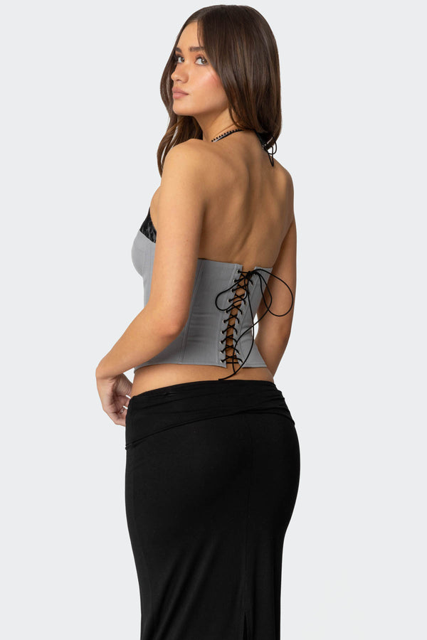 Edikted Jara Layered Lace Halter Corset Gray