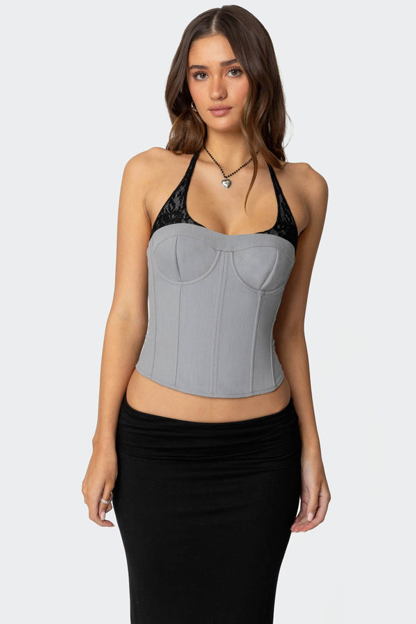 edikted Jara Layered Lace Halter Corset gray