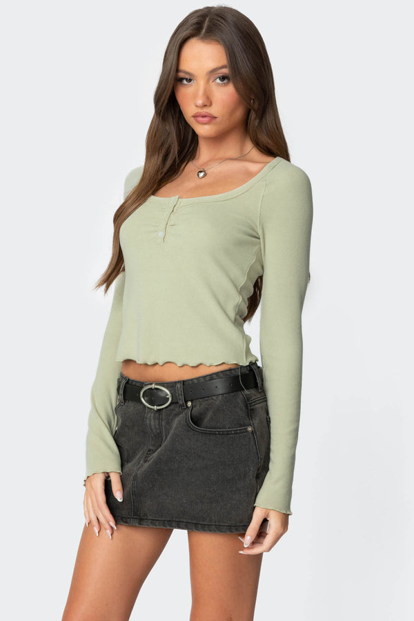 Edikted Jayde Ribbed Henley Top Sage