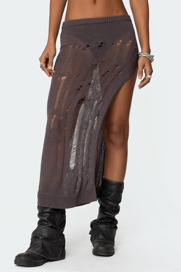 Edikted Jaynie Distressed Knit Maxi Skirt Brown