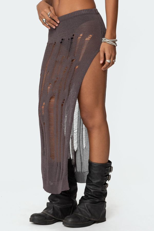 Edikted Jaynie Distressed Knit Maxi Skirt Brown
