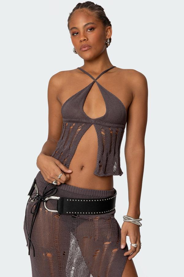 edikted Jaynie Distressed Knit Top brown