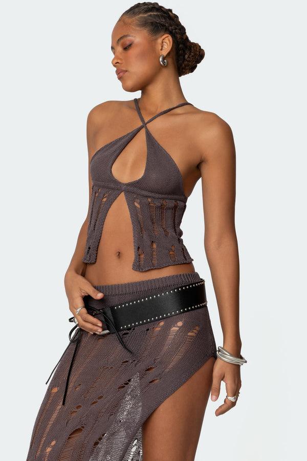 Edikted Jaynie Distressed Knit Top Brown