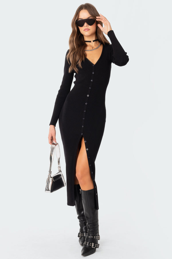 Edikted Jazlyn Knitted Button Up Maxi Dress Black