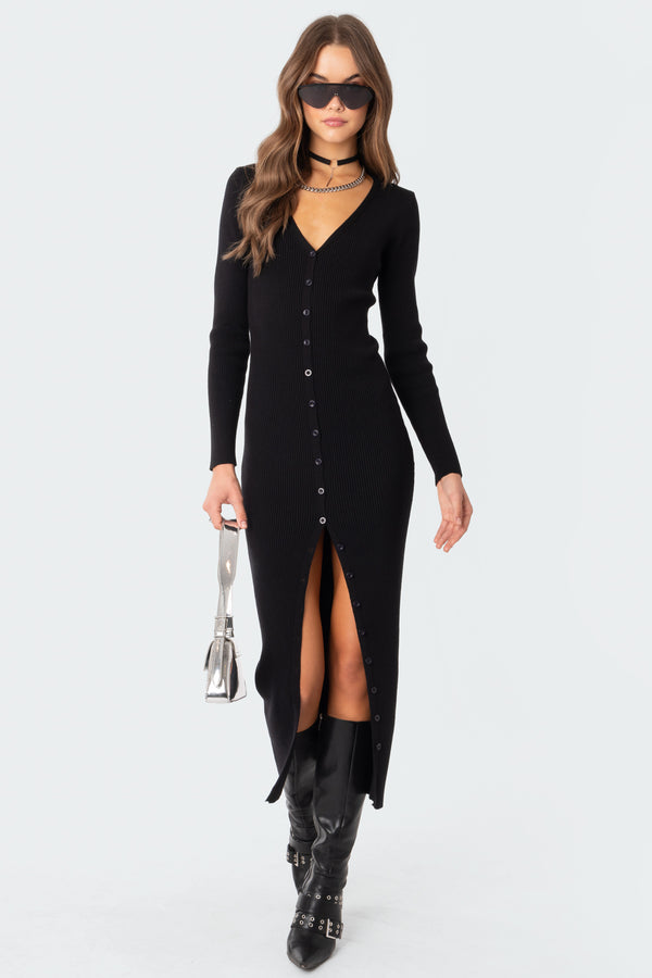 Edikted Jazlyn Knitted Button Up Maxi Dress Black