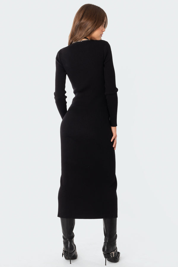 Edikted Jazlyn Knitted Button Up Maxi Dress Black