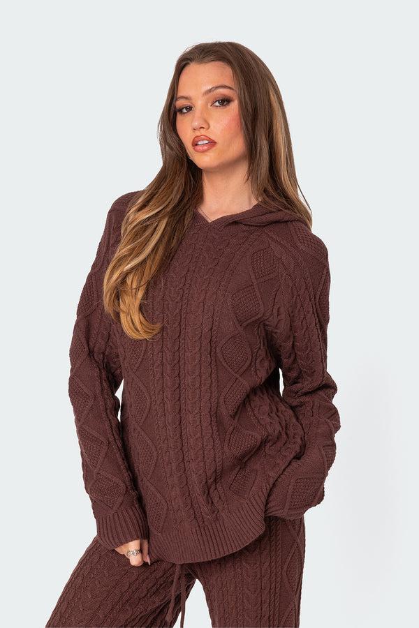 Edikted Jelena Cable Knit Hoodie Brown