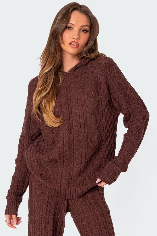 edikted Jelena Cable Knit Hoodie brown